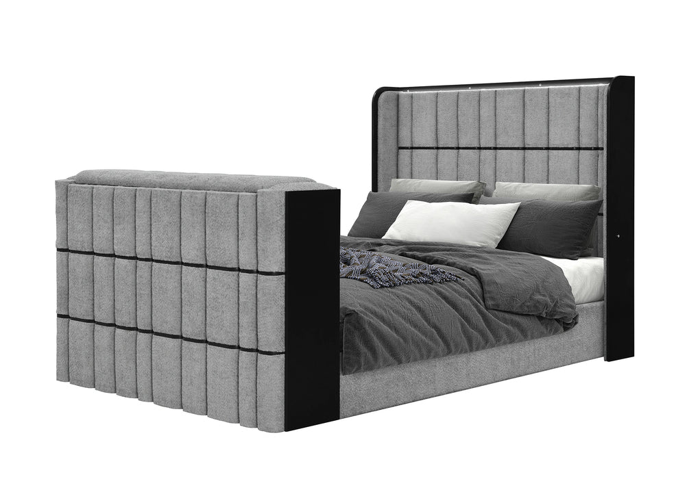 Isabella Grey Bed with LED, TV Lift, Speaker and Fireplace