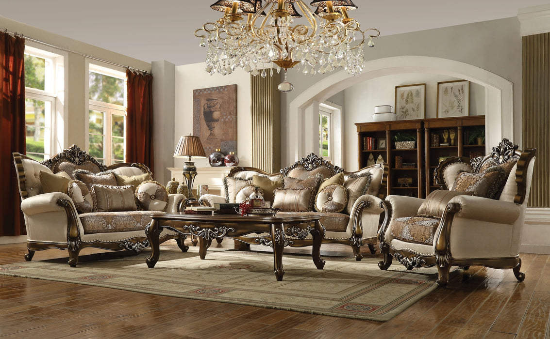 Latisha Tan, Pattern Fabric & Antique Oak Sofa w/6 Pillows - Levi's Discount Furniture (Vineland, NJ)