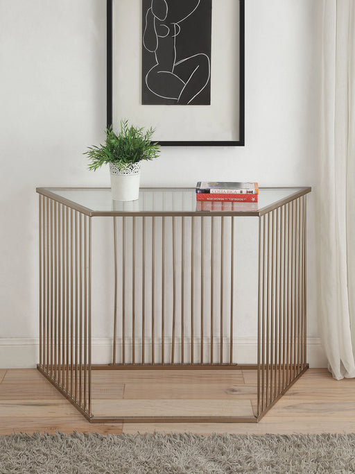 Oaklie Champagne & Clear Glass Sofa Table - Levi's Discount Furniture (Vineland, NJ)
