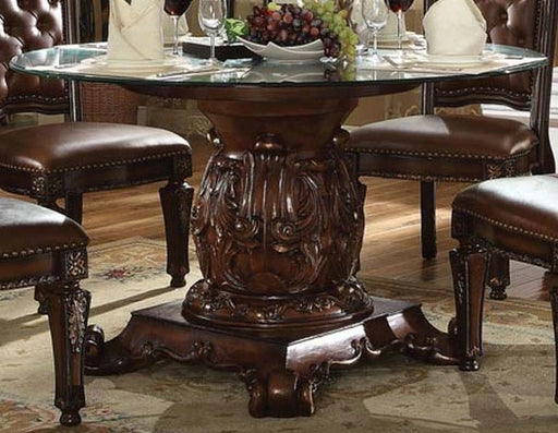Acme Vendome Single Pedestal Dining Table with 54" Tempered Glass Top in Cherry 62010 - Levi's Discount Furniture (Vineland, NJ)