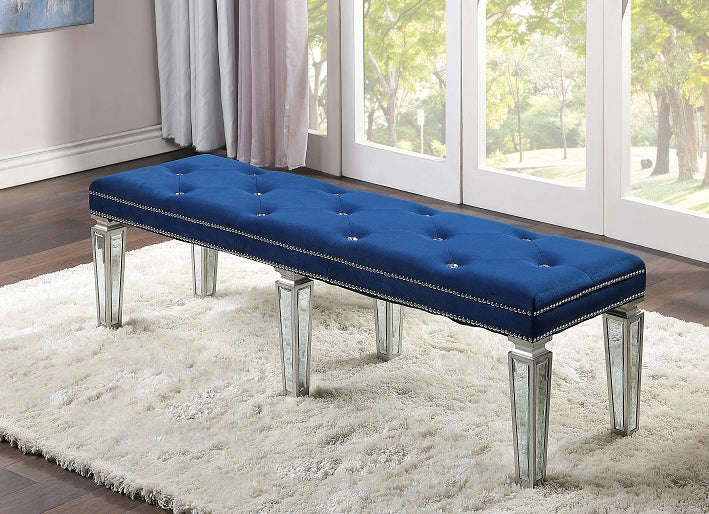 Varian Blue Velvet & Mirrored Bench - Levi's Discount Furniture (Vineland, NJ)