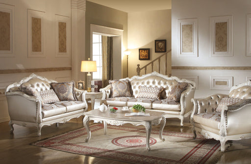 Chantelle Rose Gold PU/Fabric & Pearl White Sofa w/3 Pillows - Levi's Discount Furniture (Vineland, NJ)