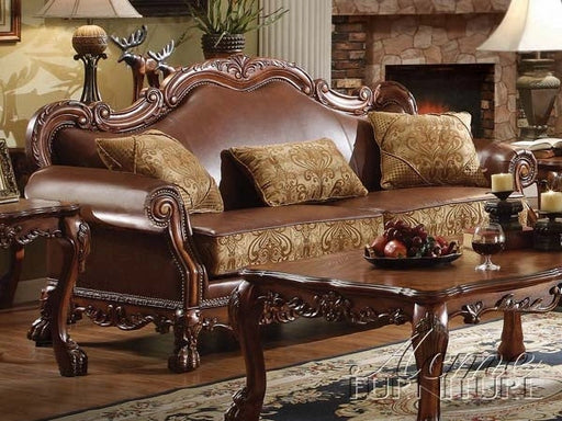 Dresden Brown PU & Chenille, Cherry Oak Sofa w/3 Pillows - Levi's Discount Furniture (Vineland, NJ)