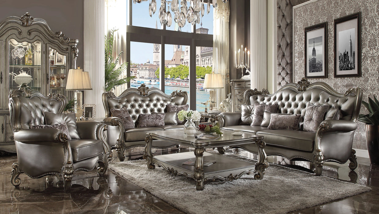 Versailles Silver PU & Antique Platinum Sofa w/6 Pillows - Levi's Discount Furniture (Vineland, NJ)