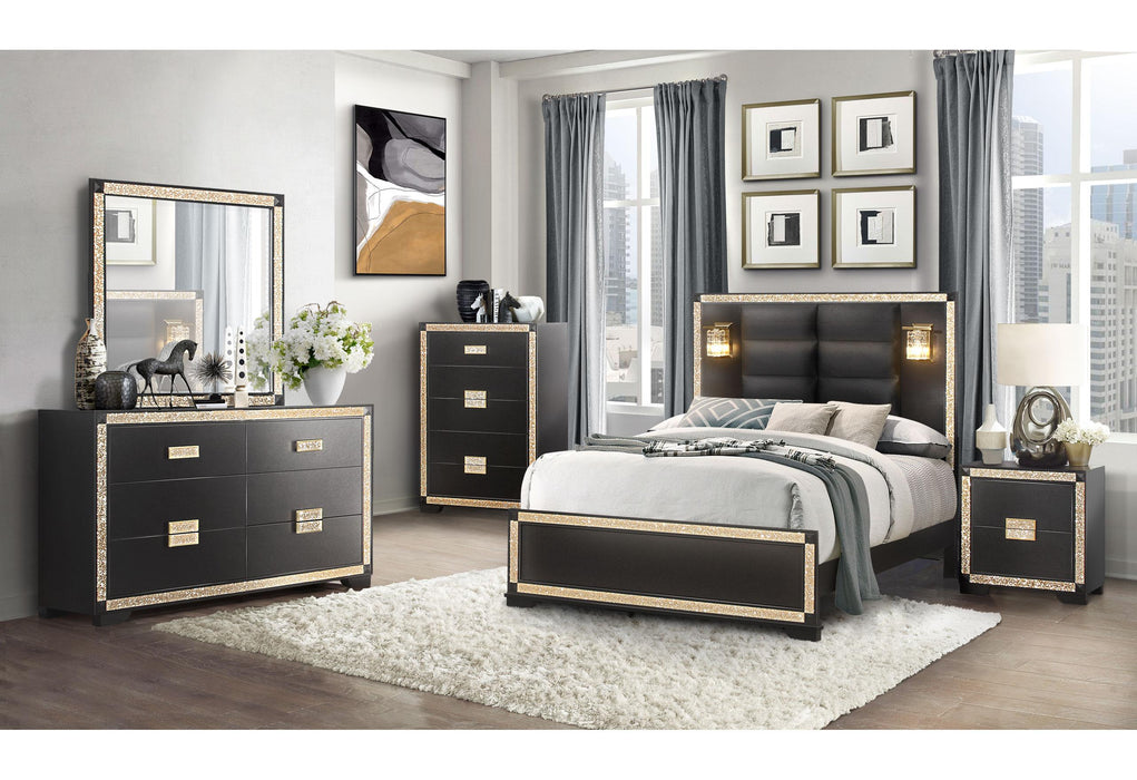 BLAKE BLACK/GOLD QUEEN BED GROUP WITH LAMPS - Levi's Discount Furniture (Vineland, NJ)