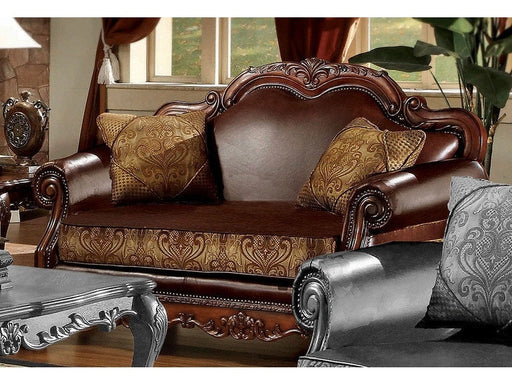 Dresden Brown PU & Chenille, Cherry Oak Loveseat w/2 Pillows - Levi's Discount Furniture (Vineland, NJ)