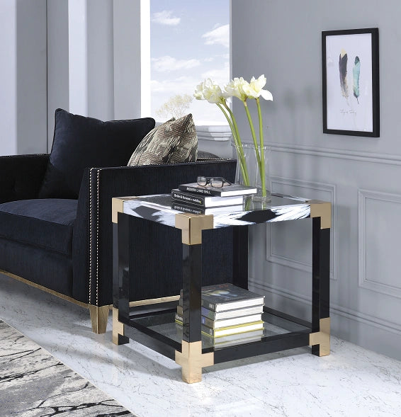 Lafty White Brushed & Clear Glass End Table