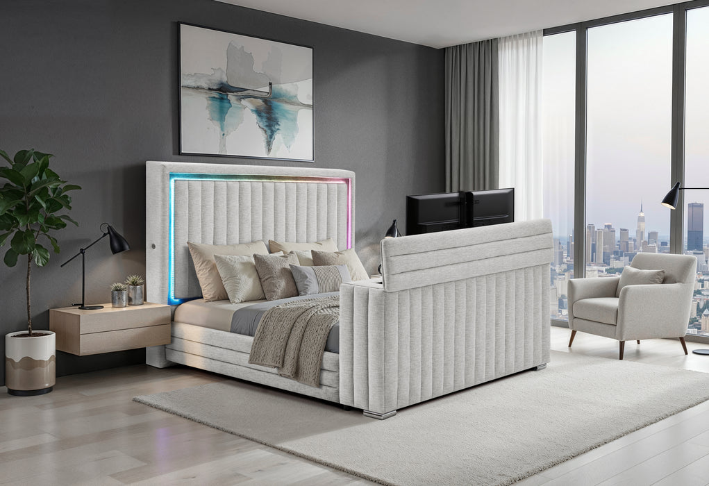 Elias Grey Bed with Immersive Sound Speaker, LED, TV Lift and Fp
